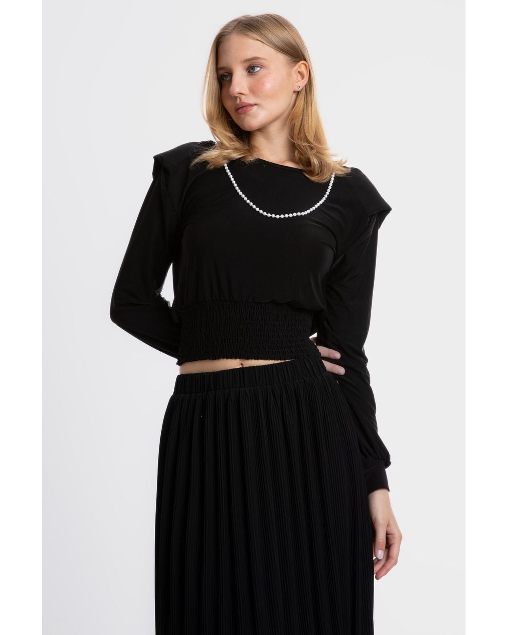 Hiccup Black Boat Neck Slinky Fabric Blouse With A Pearl Detail On The Neckline