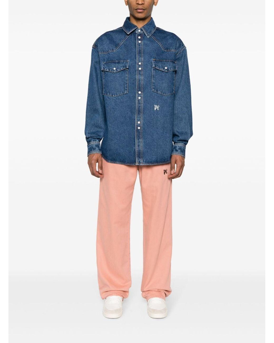 Palm Angels Blue Monogram Denim Shirt for men