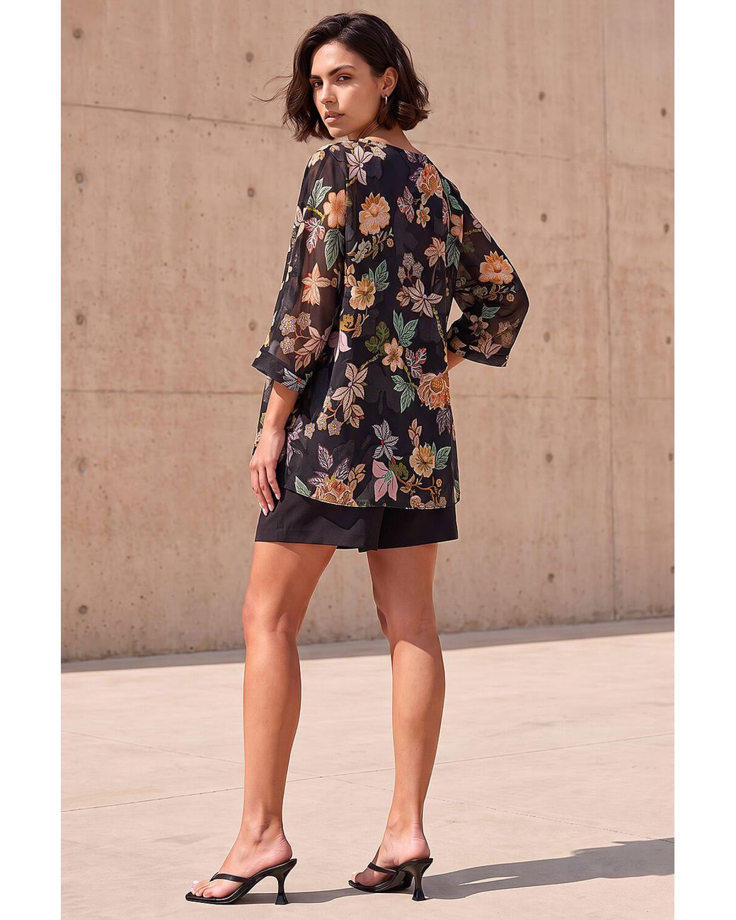 Roman Brown Floral Print Overlay Top