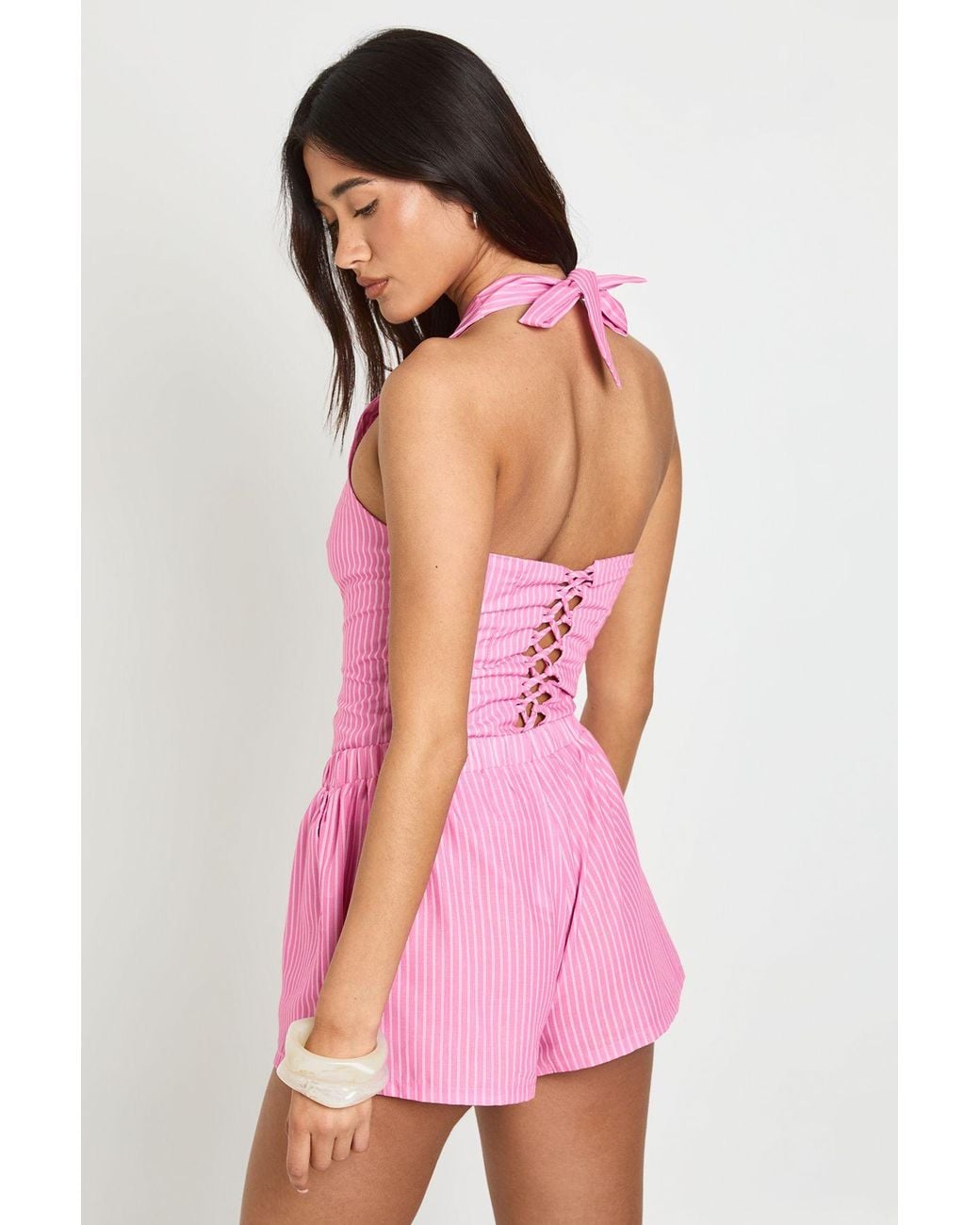 Boohoo Pink Halter Stripe Fitted Lace Up Top
