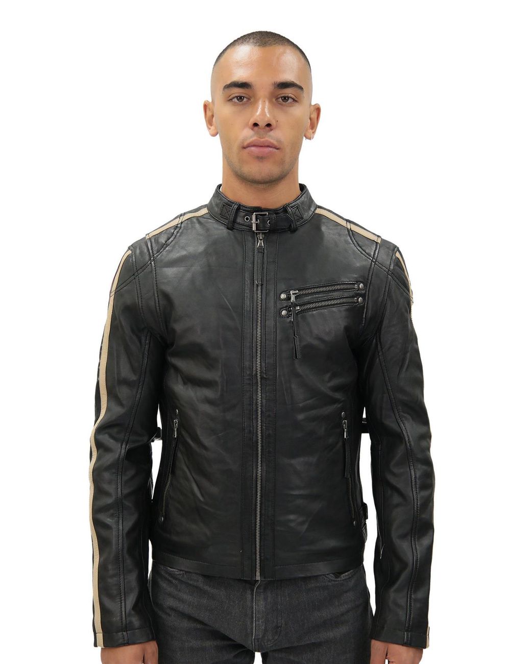 Infinity Leather Black Cafe Racing Striped Jacket-Marseille for men