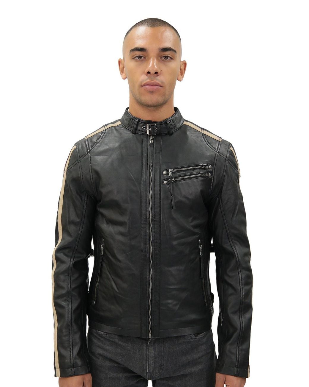 Infinity Leather Black Cafe Racing Striped Jacket-Marseille for men