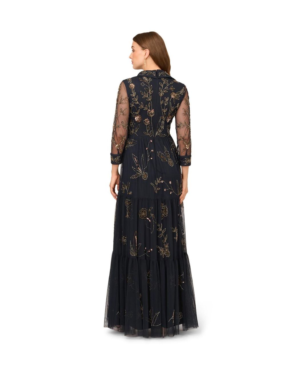 Adrianna Papell Black Bead Mesh Long Dress