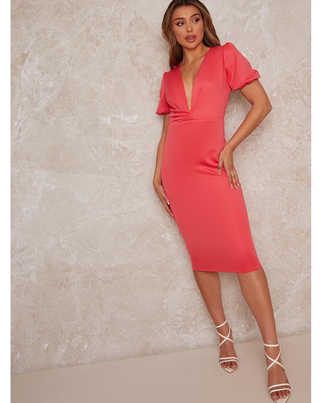 Chi Chi London Pink Plunge Puff Sleeve Bodycon Dress