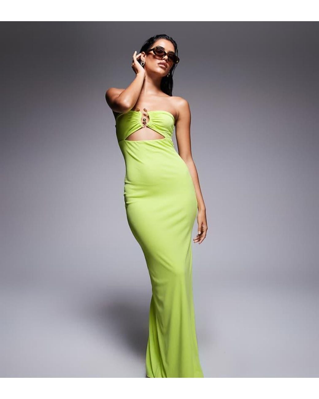 Kaiia Green Exclusive Double Layered Slinky Bandeau Hardware Bust Detail Thigh Split Maxi Dress
