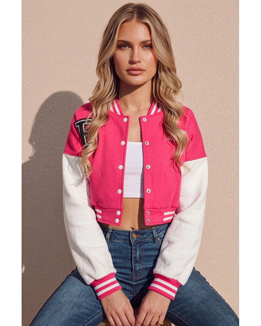 Femme Luxe Pink Varsity Slogan Contrast Sleeve Bomber