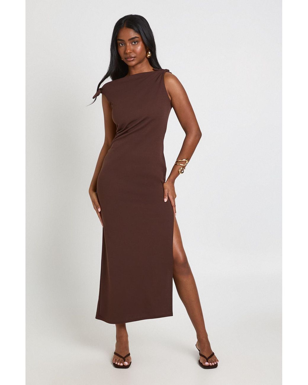 Boohoo Brown Jersey Crepe Knot Shoulder Midaxi Dress