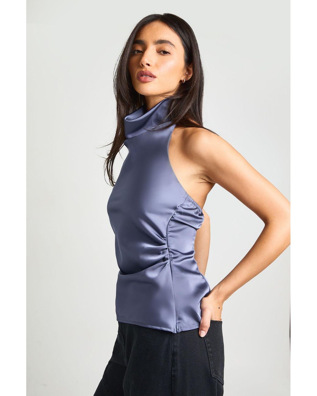 Boohoo Blue Satin High Cowl Neck Cami Top