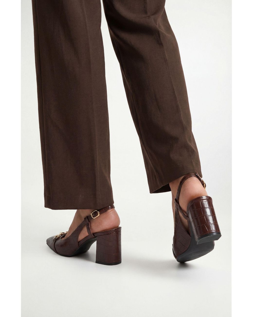 Wallis Brown Wide Fit Darcia Snaffle Detail Pointed Block Heel Slingback Court Shoes