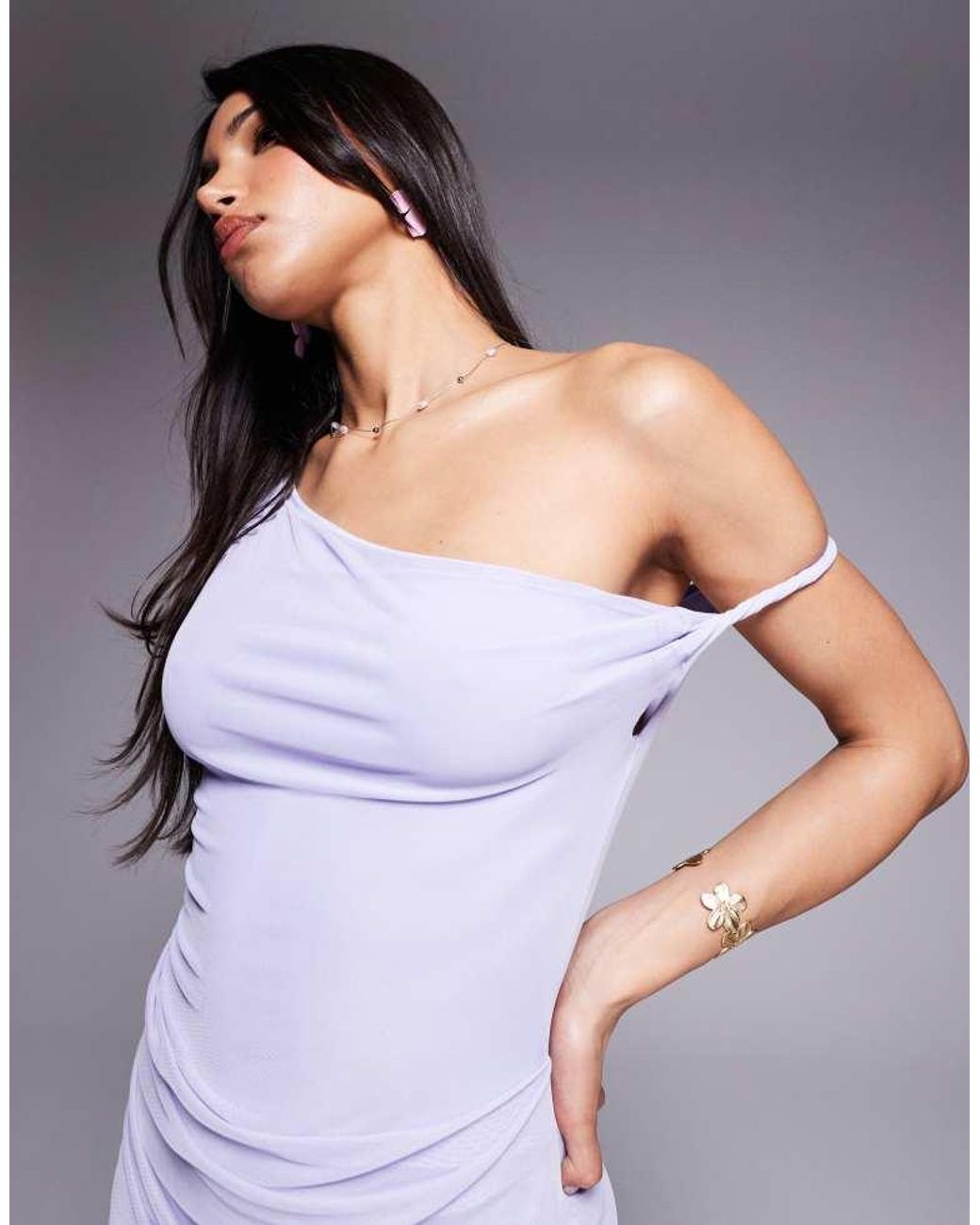 ASOS Purple Mesh Twisted Shoulder Mini Dress With Softline Skirt