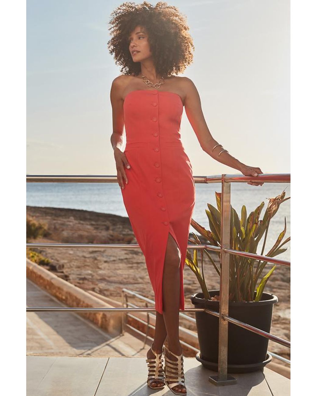 Sosandar Red Button Front Bandeau Midi Dress