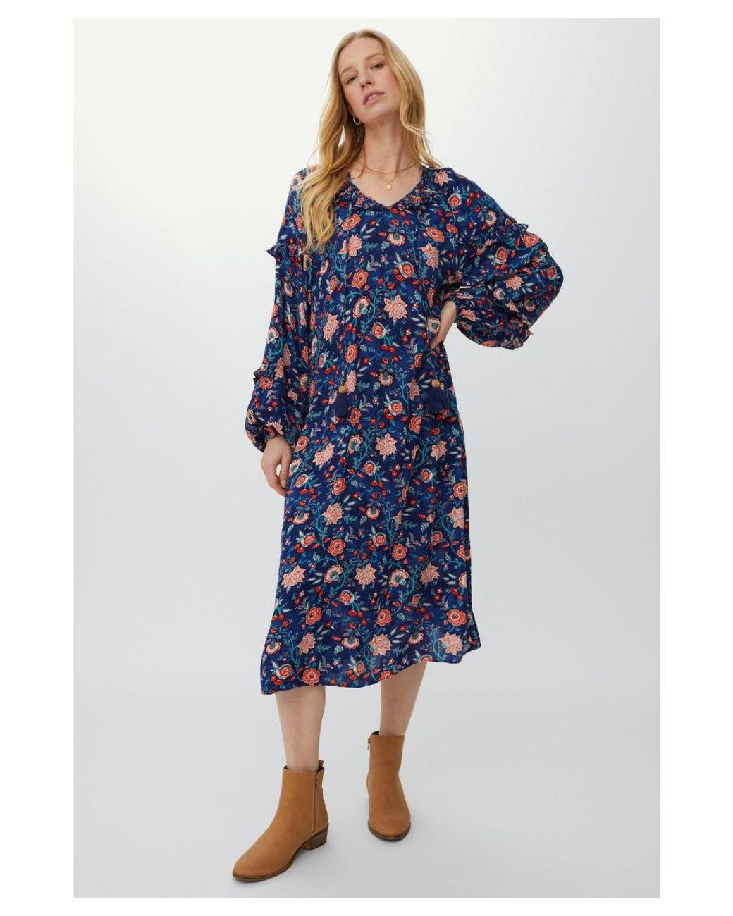 Mantaray Leafy Floral Frill V Neck Midi Crepe Dress Viscose in Blue Lyst UK