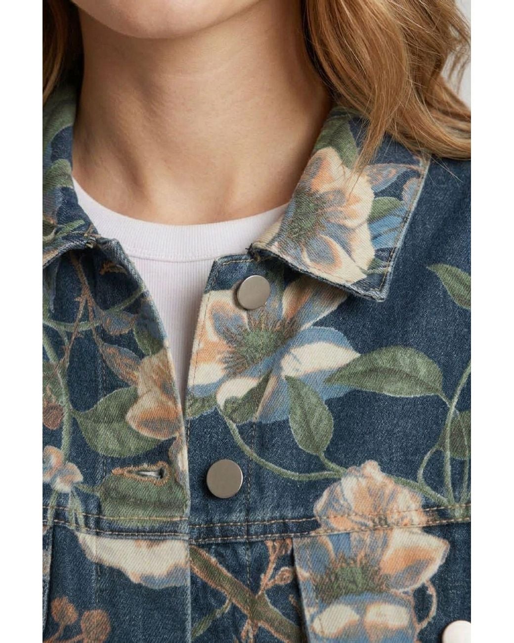 Izabel London Blue Floral Print Drop Shoulder Denim Jacket
