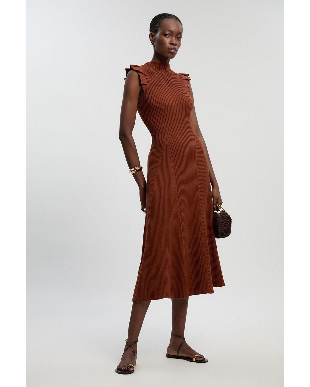 Karen Millen Brown Pointelle Frill Sleeve Knit Midi Dress
