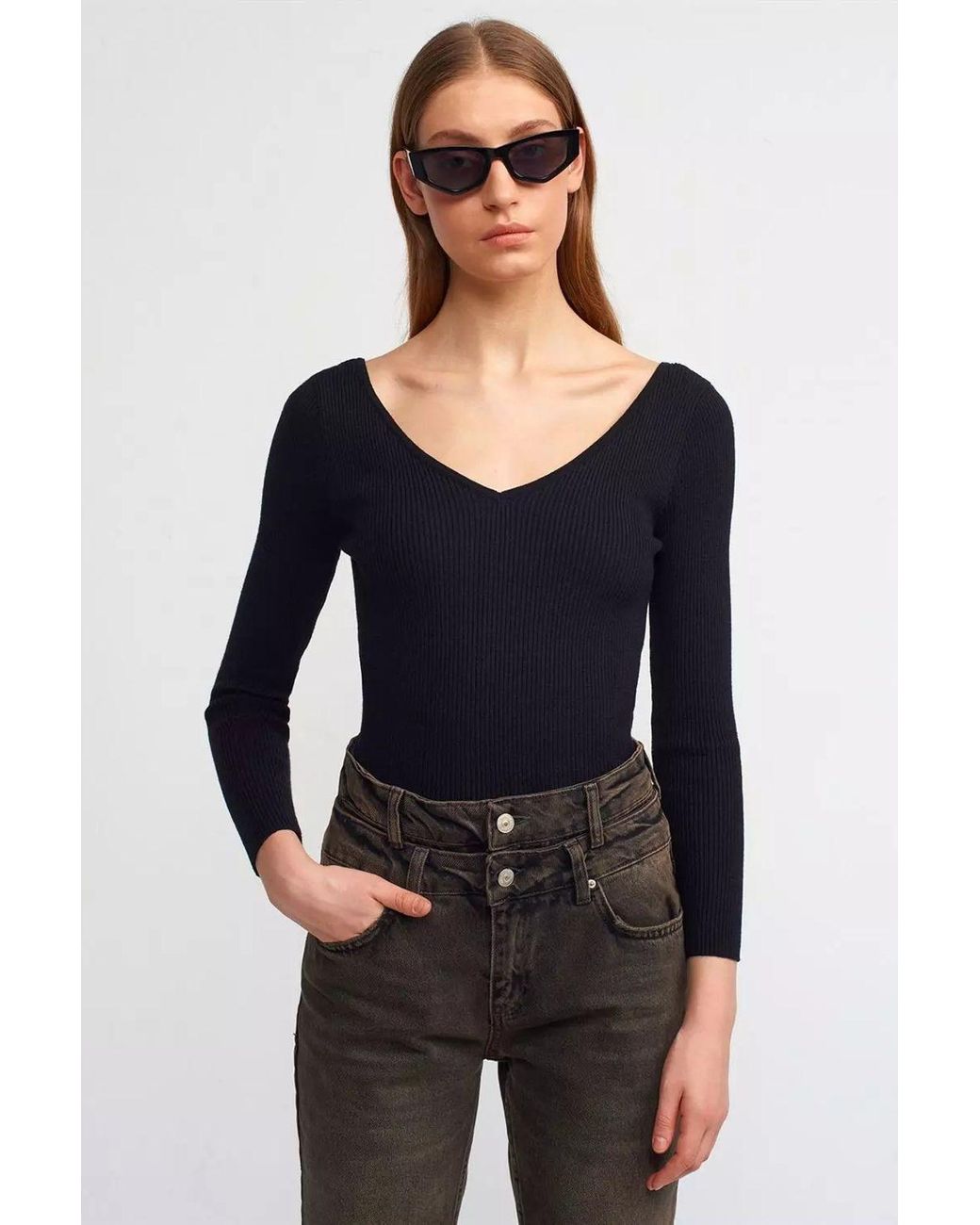 Hiccup Blue V Neck Ribbed Basic Sweater