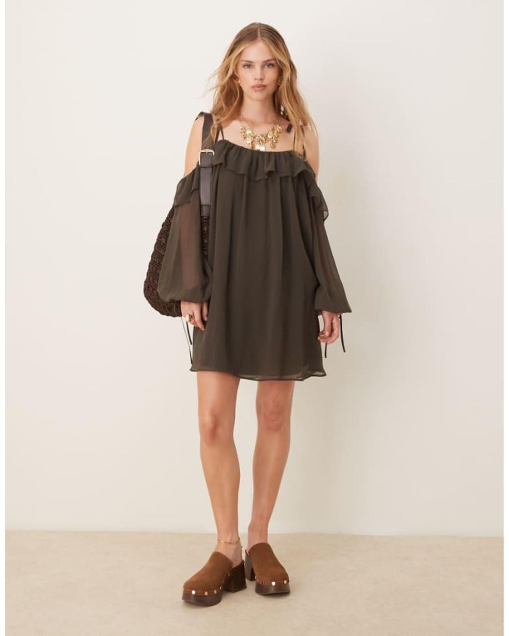 ASOS Natural Cold Shoulder Smock Mini Dress