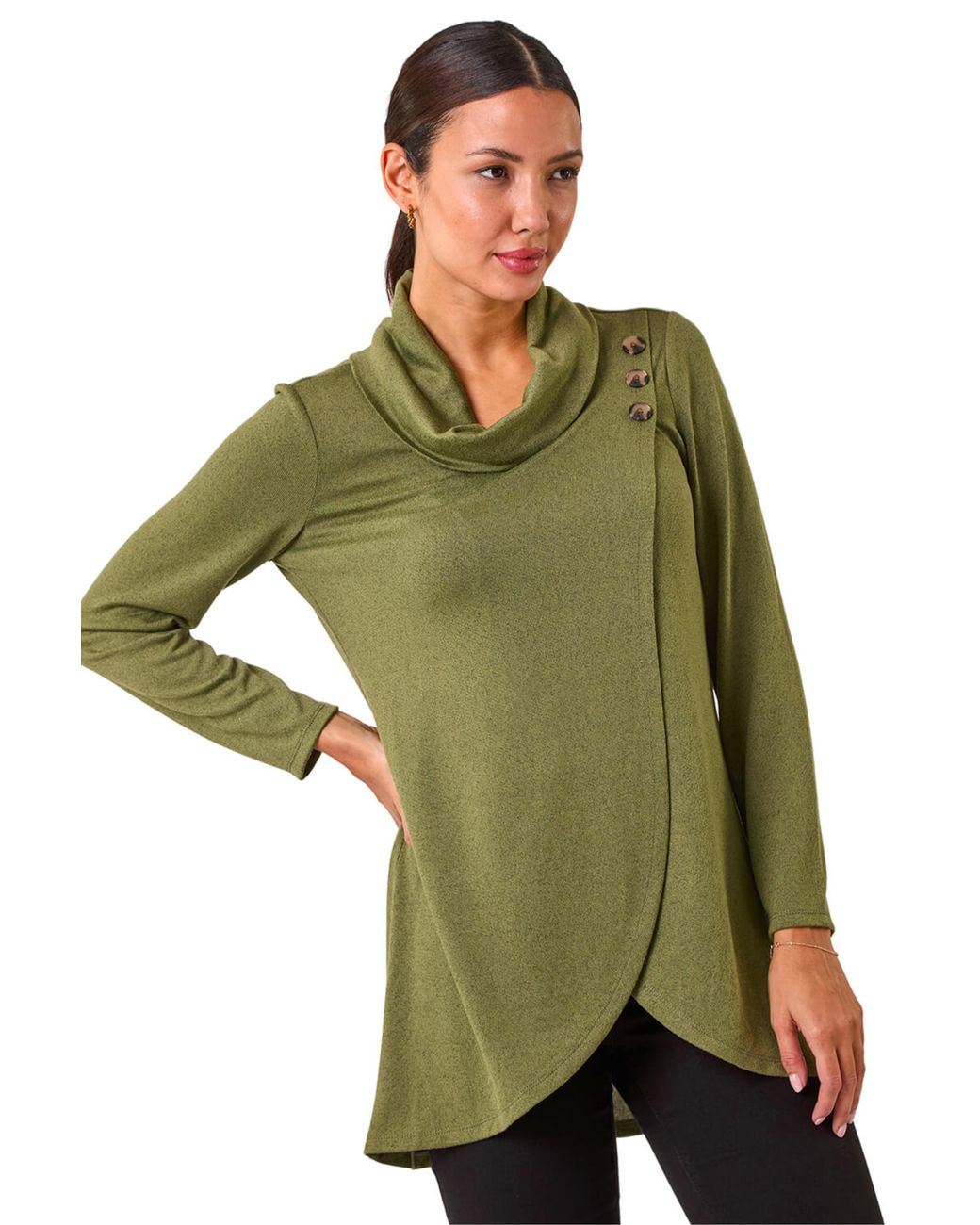 Roman Green Wrap Front Cowl Neck Top