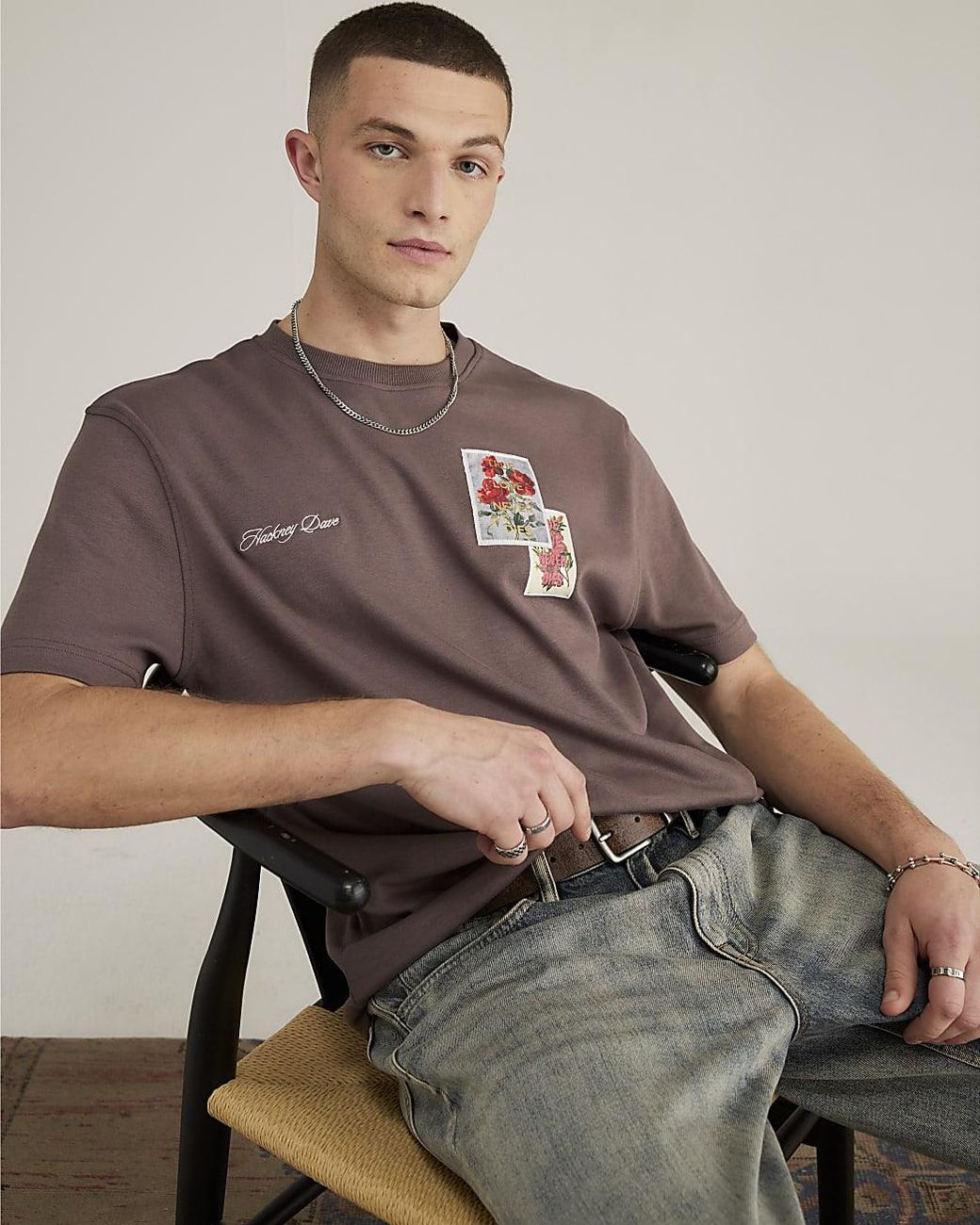 River Island Brown T-Shirt The Real Hackney Dave Floral Cotton for men