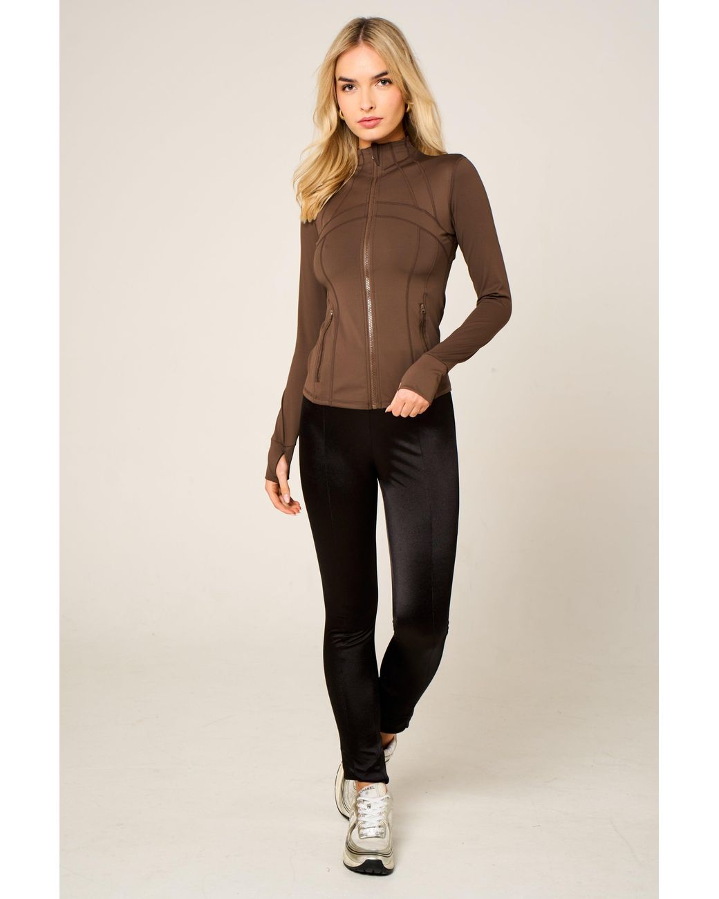 Femme Luxe Natural High Neck Fitted Zip Up Lightweight Jacket