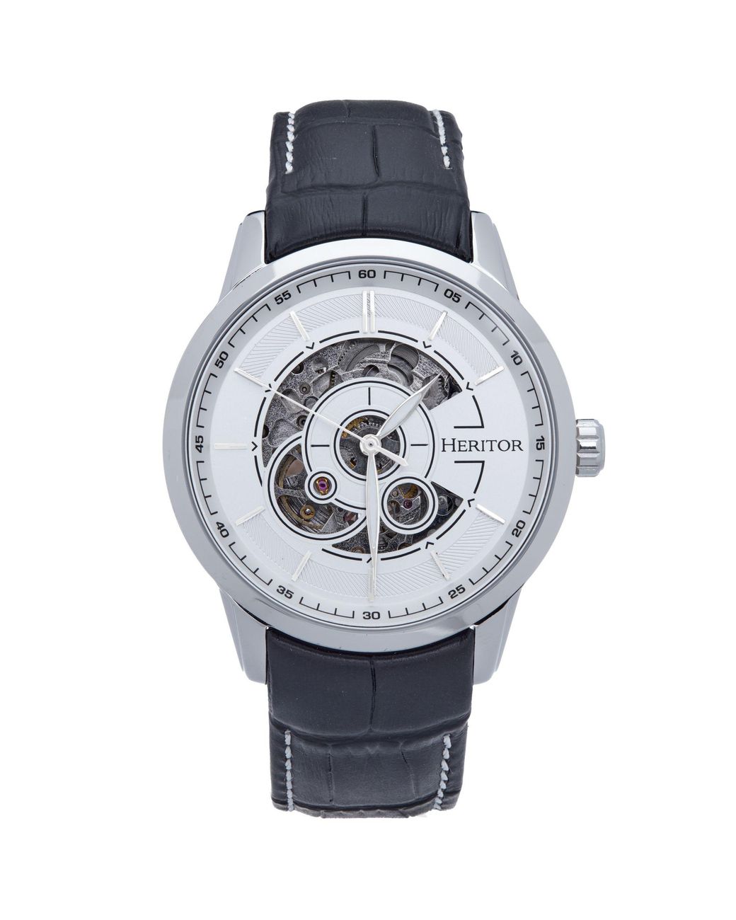 Heritor Metallic Davies Semi-Skeleton Leather-Band Watch for men