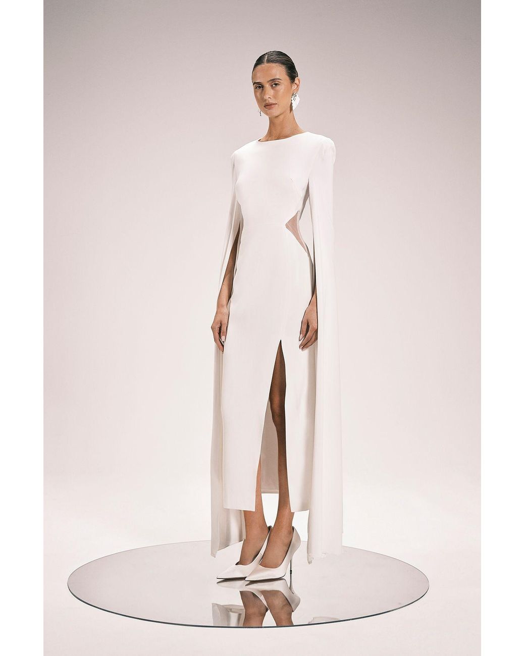 Karen Millen Natural Tailored Compact Stretch Viscose Cape Mesh Panel Midi Dress