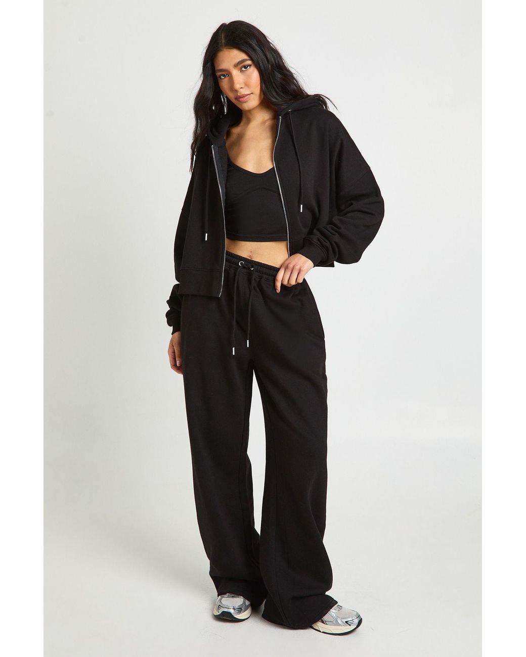 Boohoo Black Tall Seam Detail Crop Top 3 Piece Hooded Tracksuit