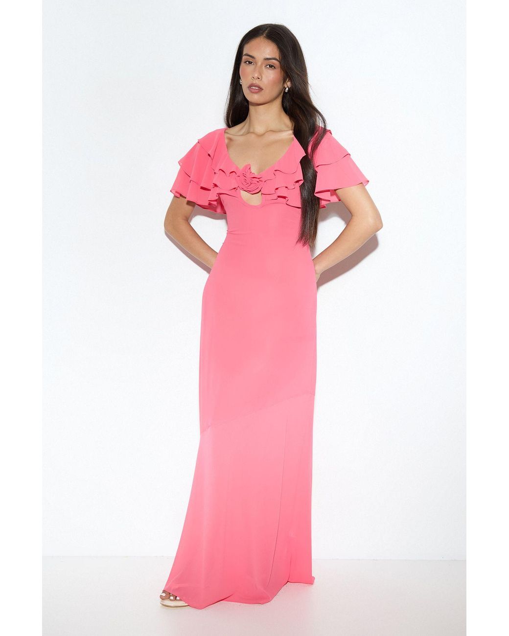 MissPap Pink Chiffon Ruffle Sheer Maxi Dress
