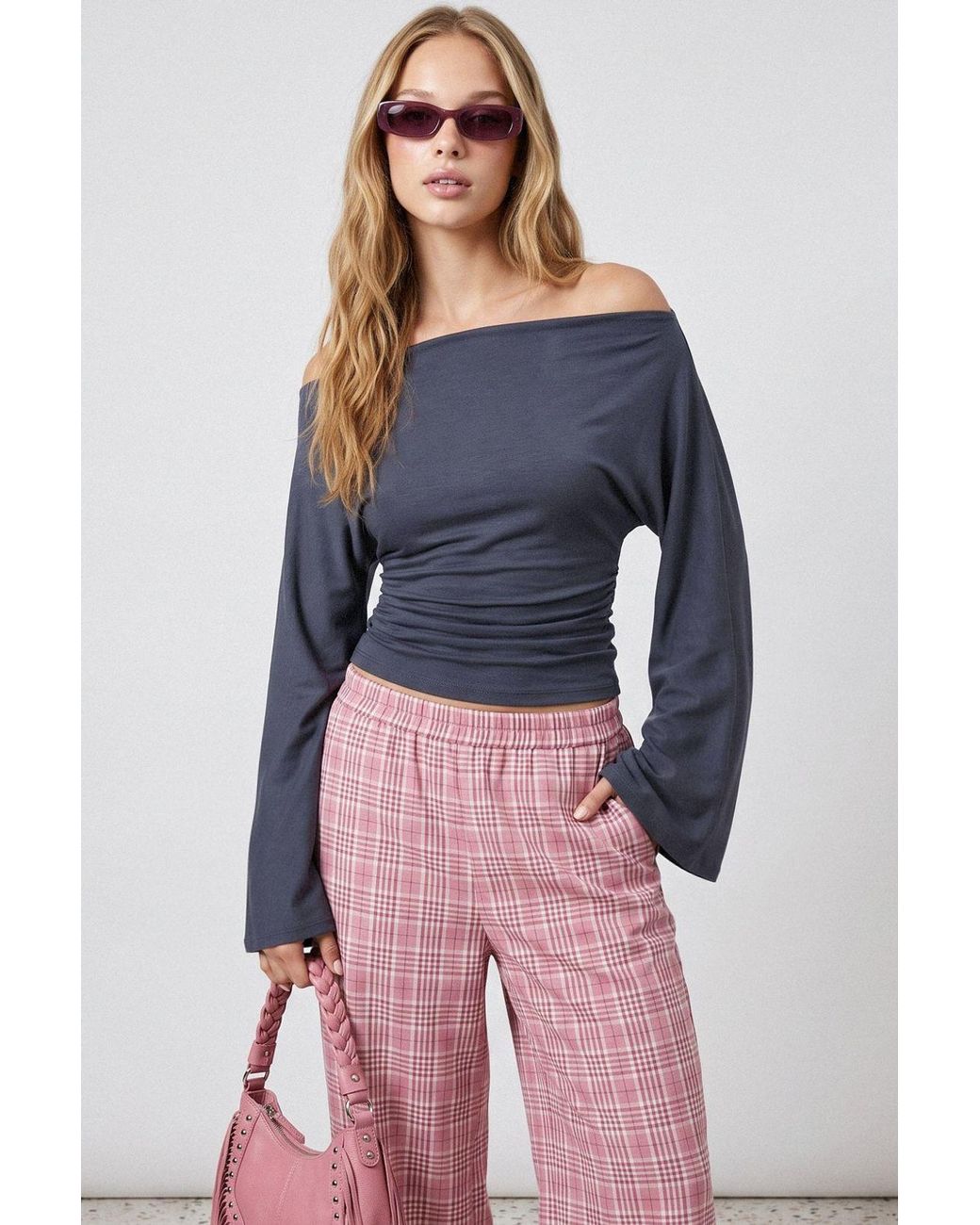 Hiccup Blue Boat Neck Batwing Sleeve Viscose Rib Knit Blouse
