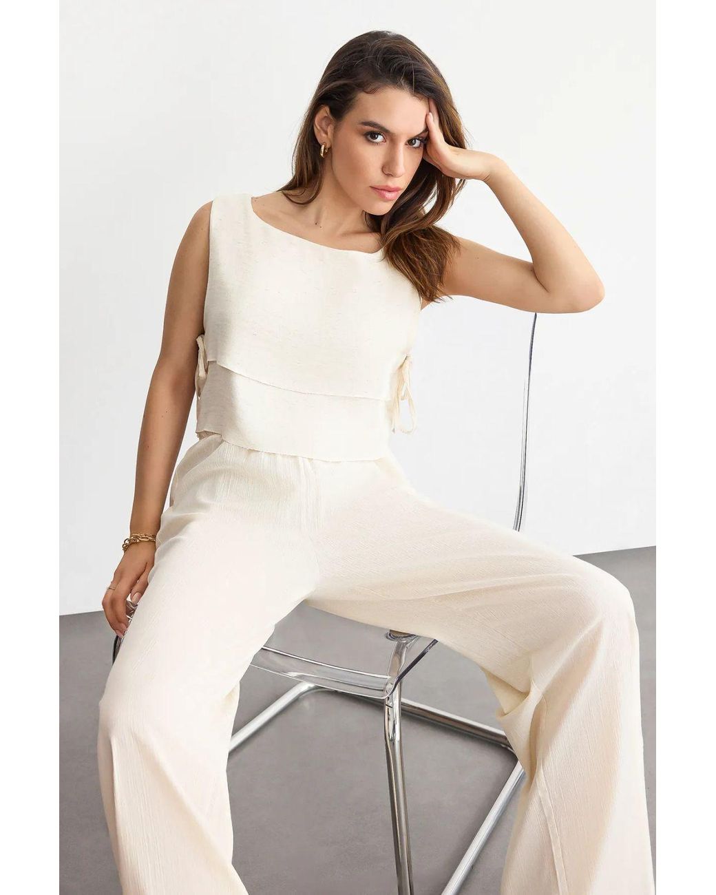 Hiccup White Round Neck Muslin Crop Top With A Tie Side