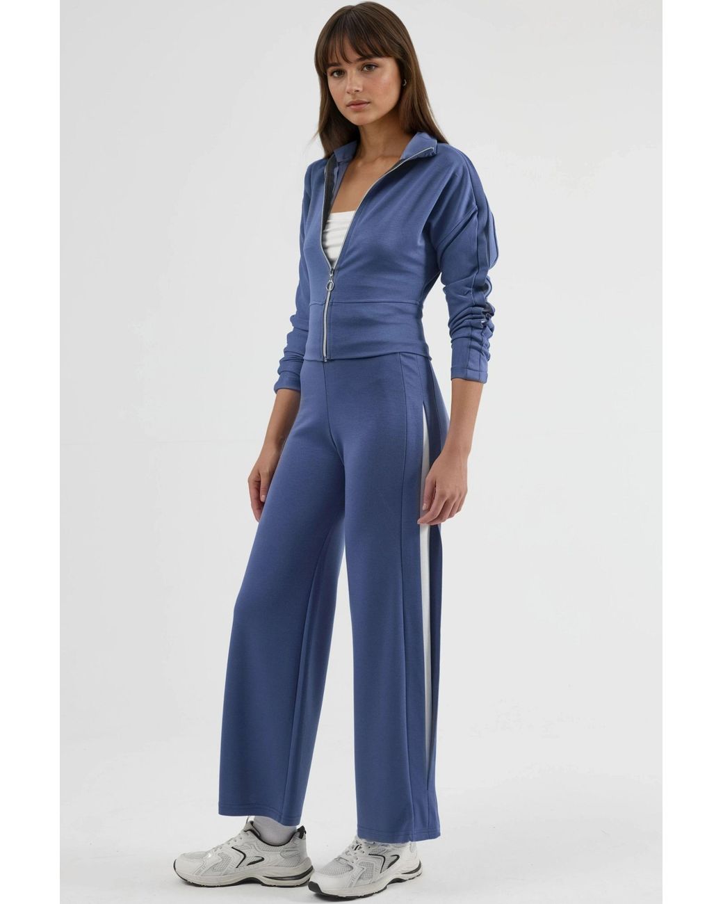 Hiccup Blue Modal Touch High Waist Wide Leg Two-Piece Set With Zipper Collar