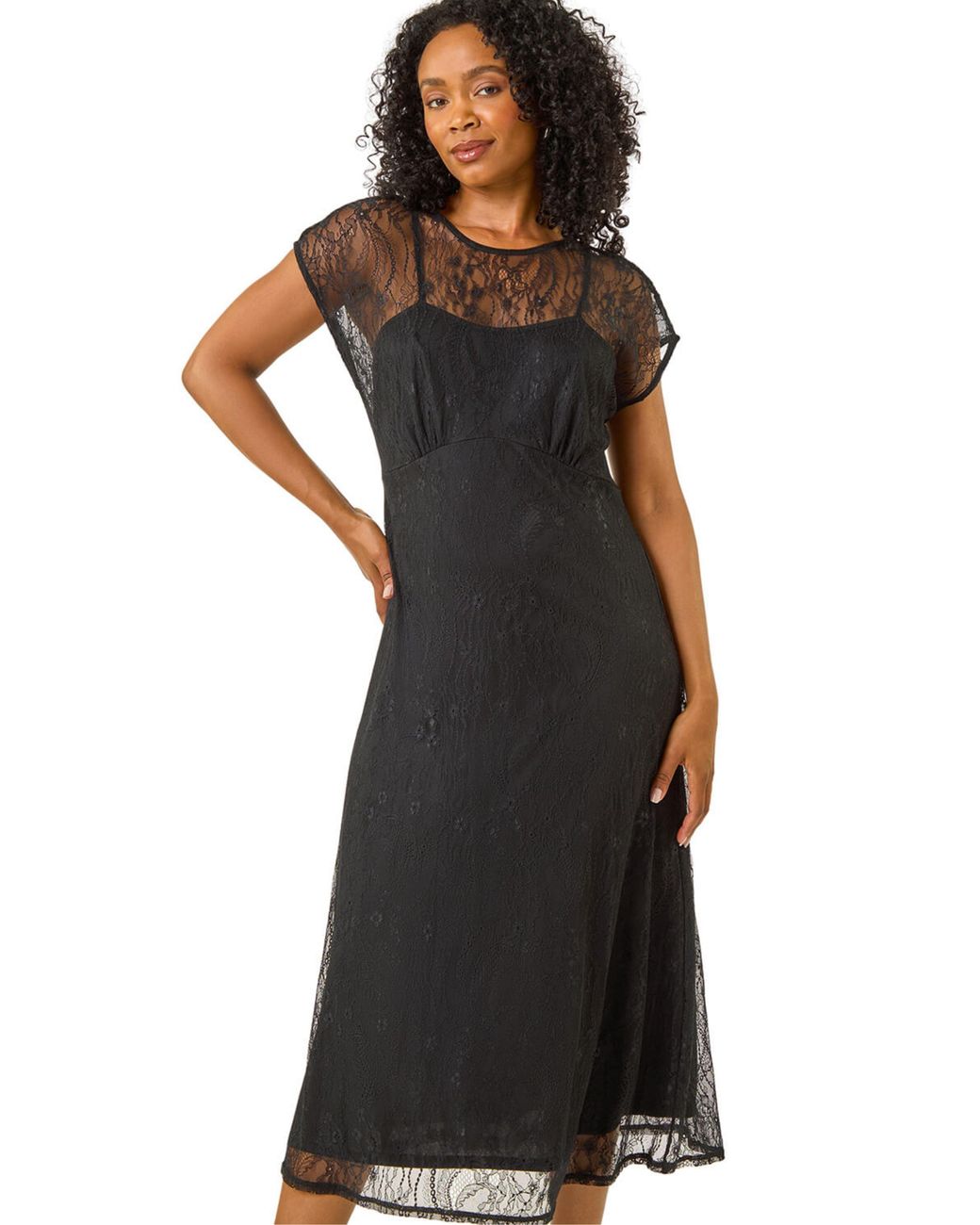 Roman Black Petite Lace Stretch Midi Dress