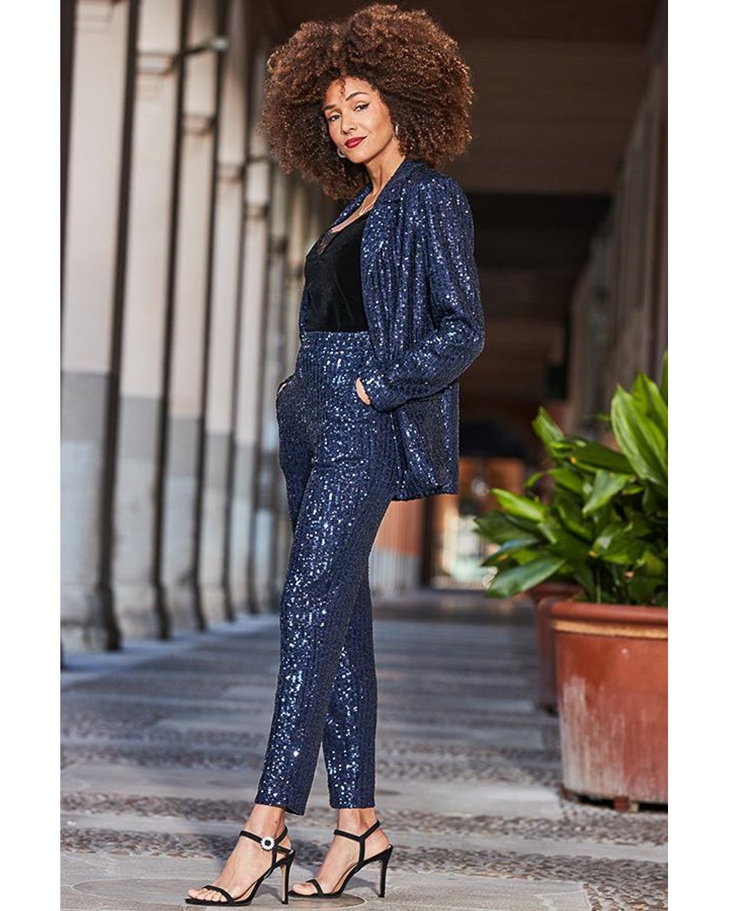Sosandar Gray Dark Sapphire Sequin Tapered Trousers