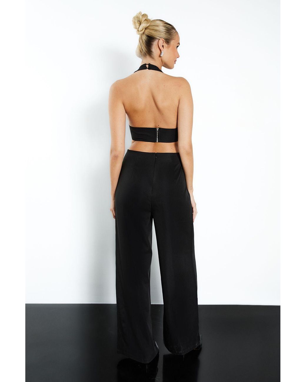 Boohoo Black Cut Out Trim Detail Wide Leg Jumpsuit