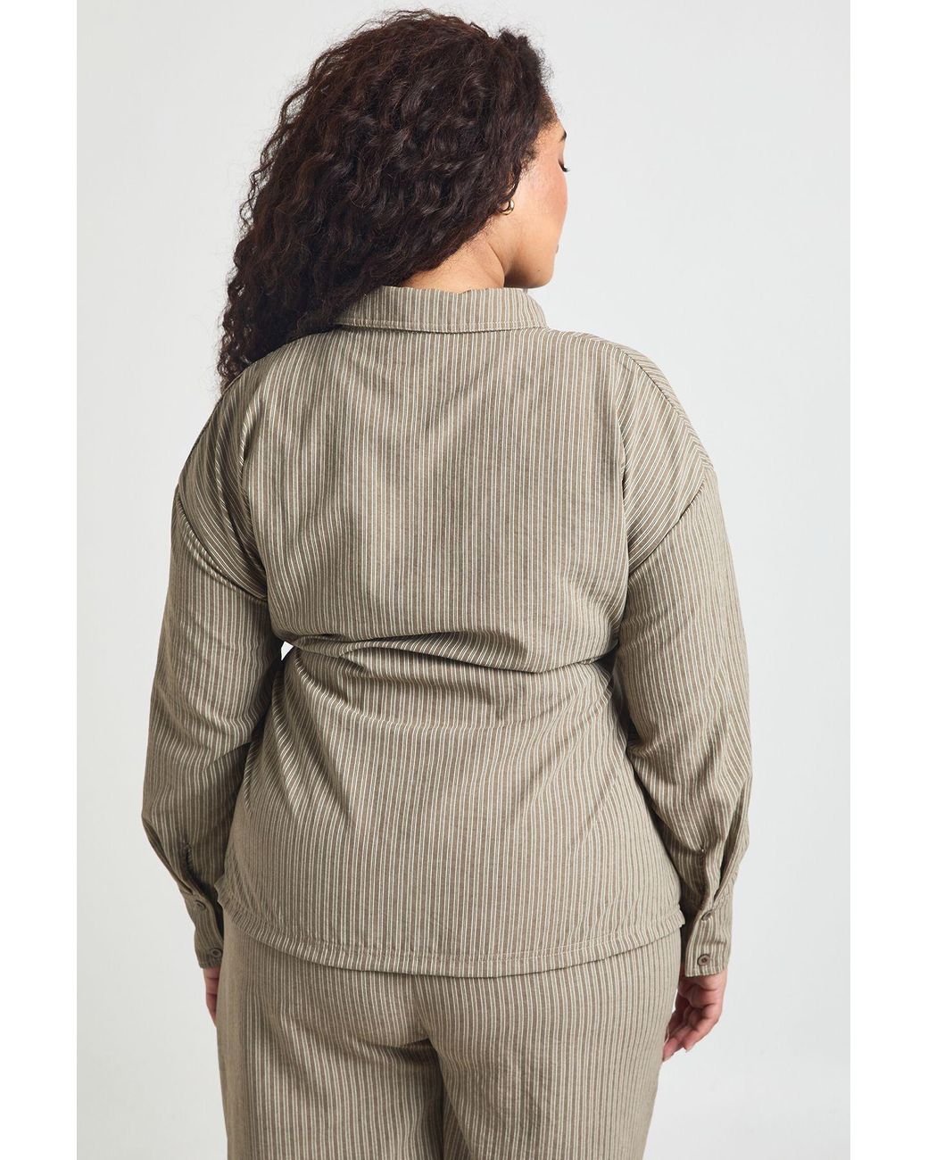 Boohoo Brown Plus Adjustable Cinch Waist Stripe Shirt