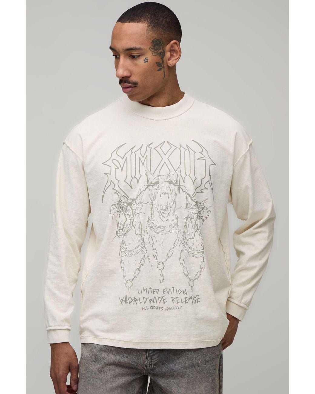 BoohooMAN Natural Oversized Graphic Exposed Seams Washed Printed Long Sleeve T-Shirt for men