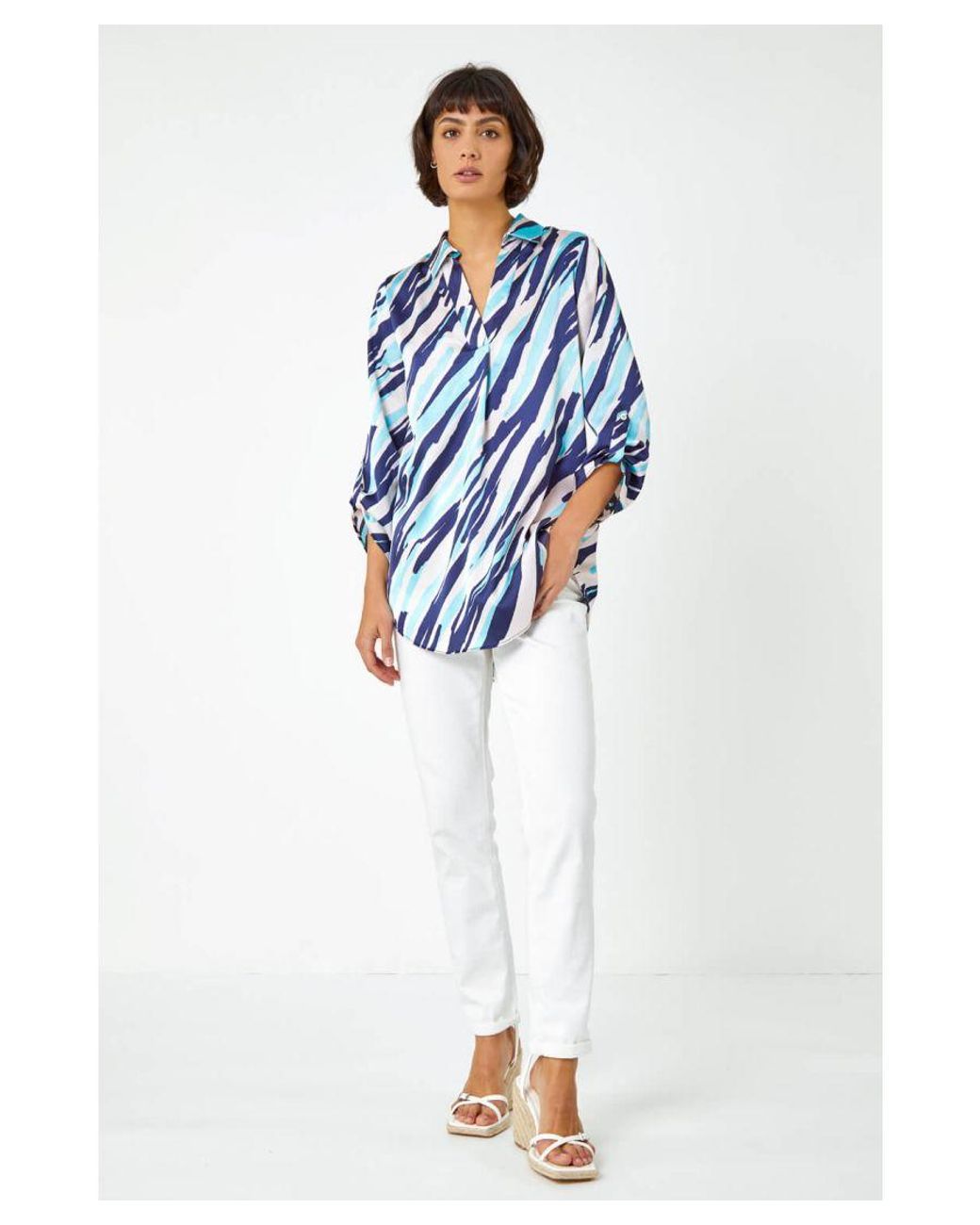 Roman Blue Abstract Print Collared Overshirt