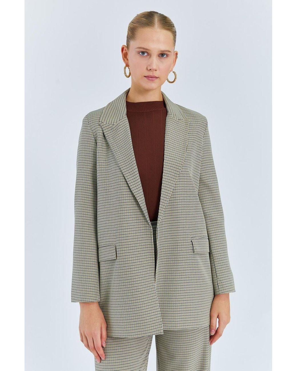MixRay Gray Long Plaid Crepe Blazer