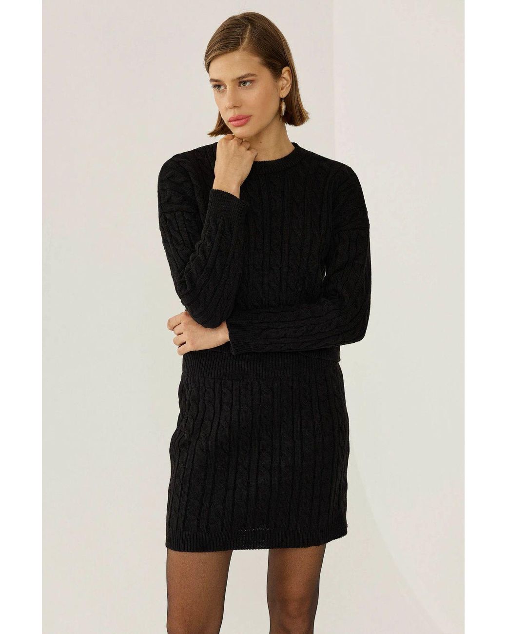 Hiccup Black Crew Neck Knitted Sweater & High Waist Mini Skirt 2 Pieces Set
