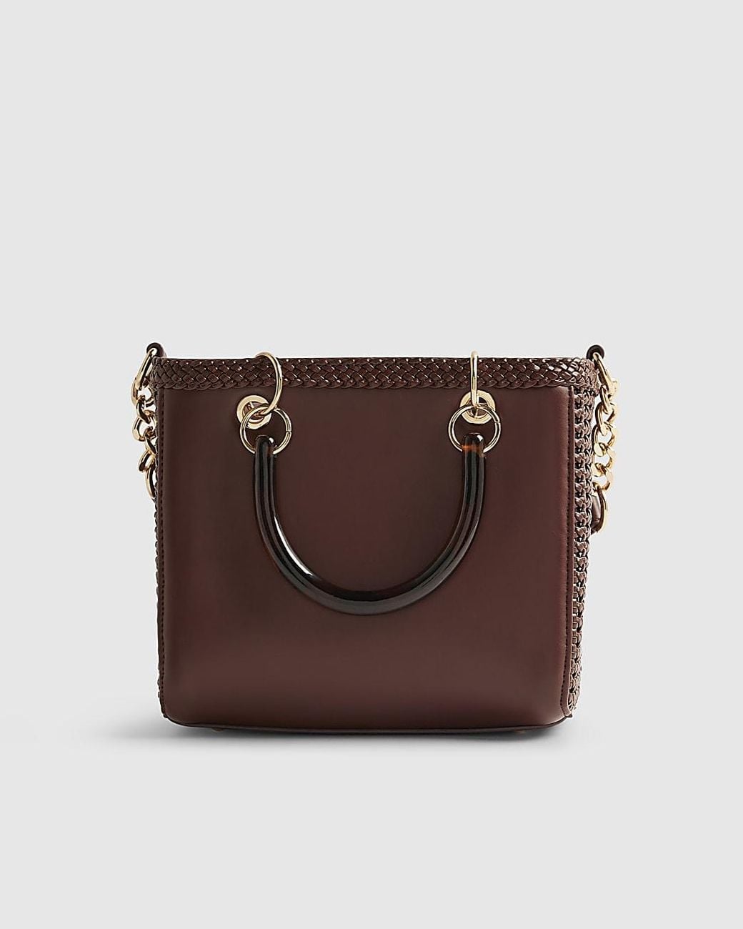 River Island Brown Mini Tote Bag Woven Zip Top Fandle Pu