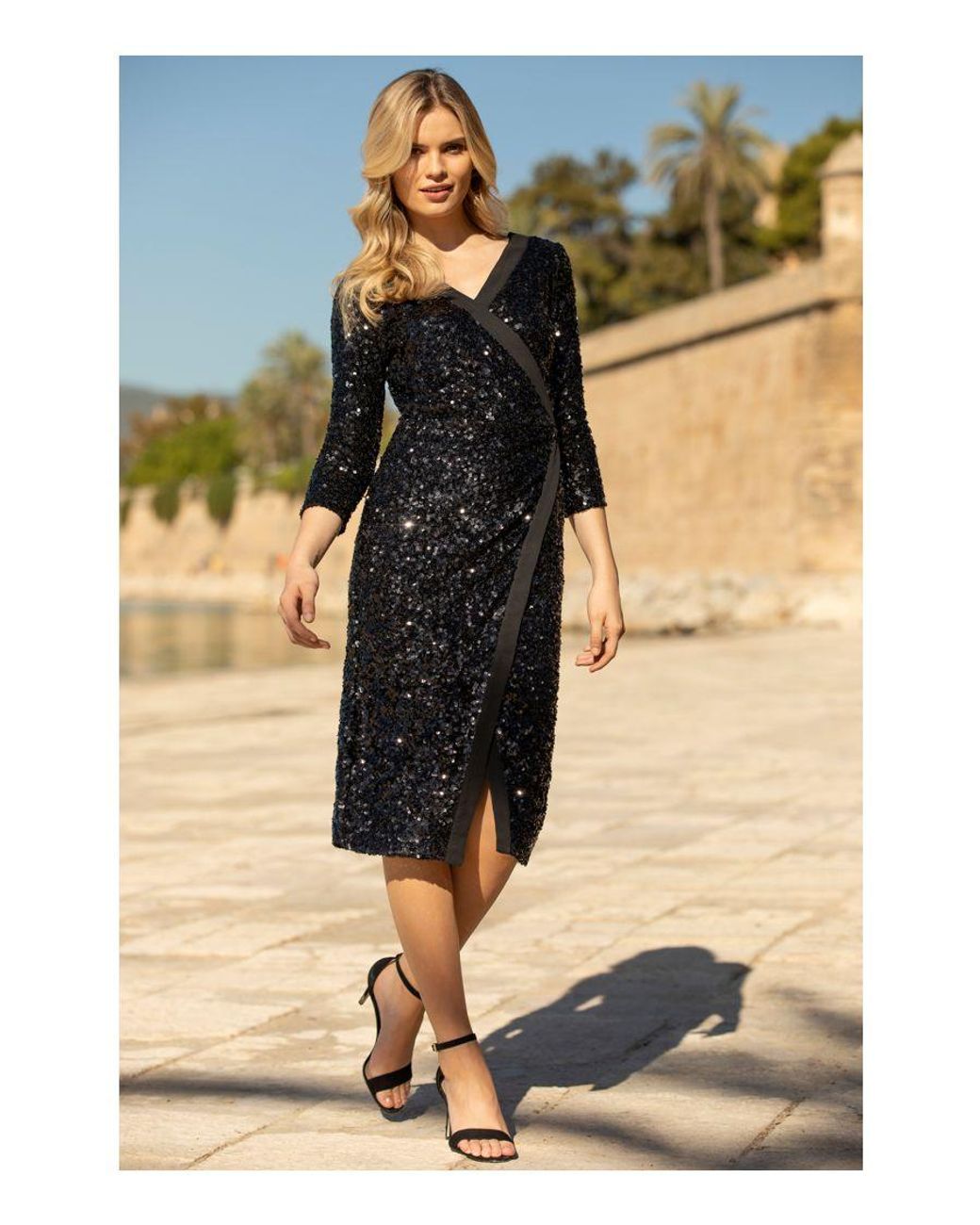 Sosandar Black Sequin Faux Wrap Dress Spandex
