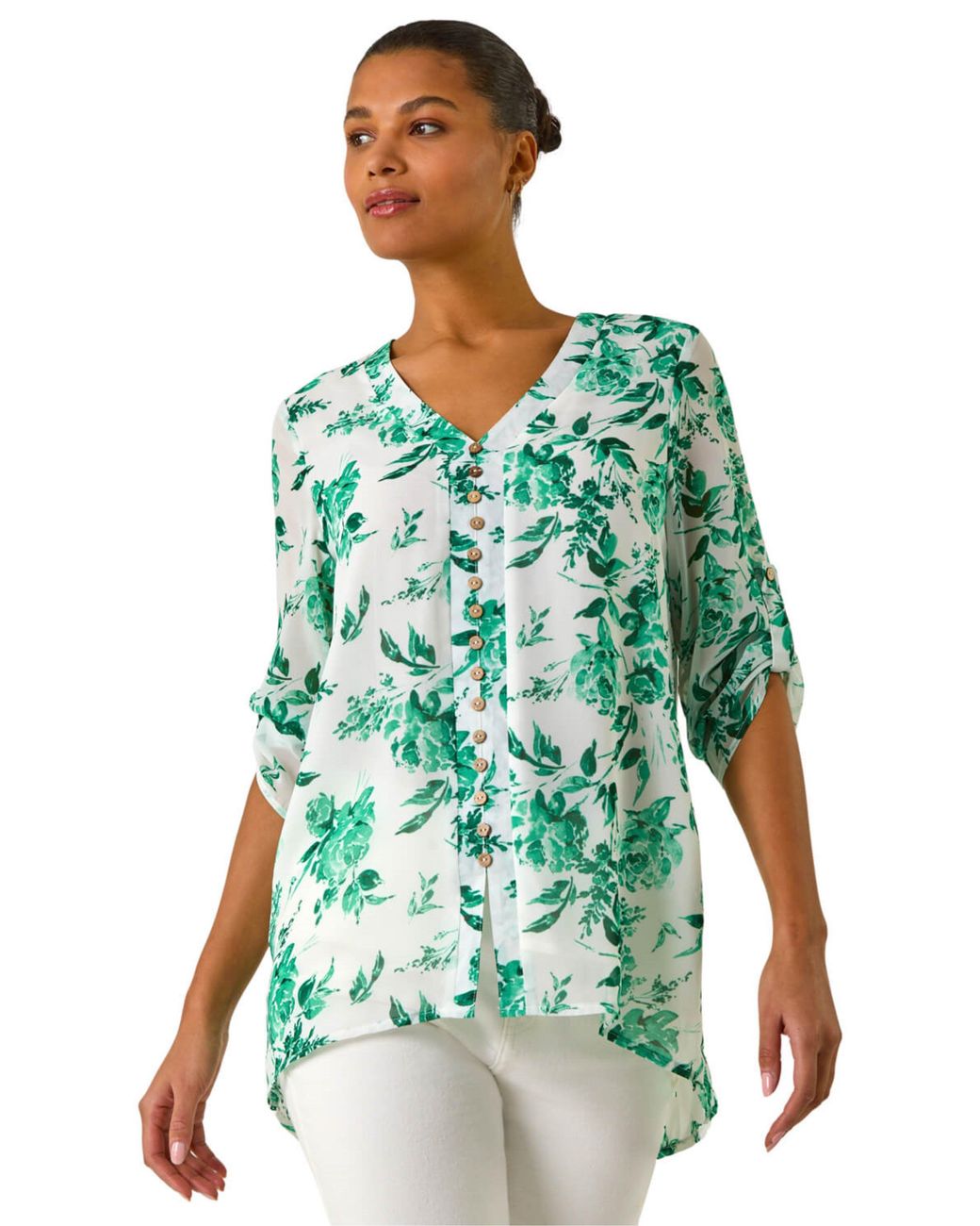 Roman Green Floral Print V-Neck Button Front Top