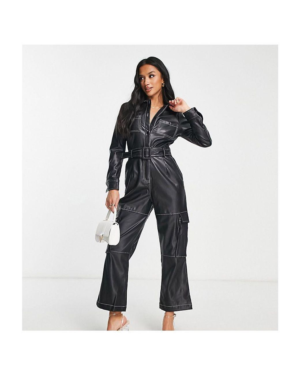 Miss Selfridge Petite Contrast Stitch Cargo Faux Leather Jumpsuit