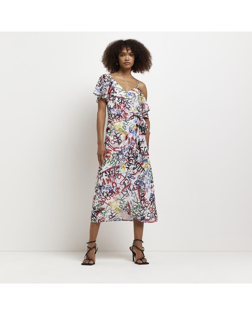 River Island White Wrap Midi Dress Printed