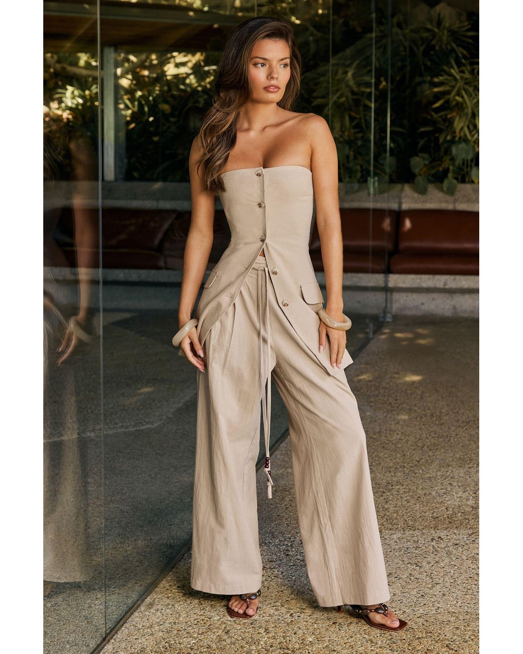 Boohoo Black Linen Beaded Tie Detail Wide Leg Trouser