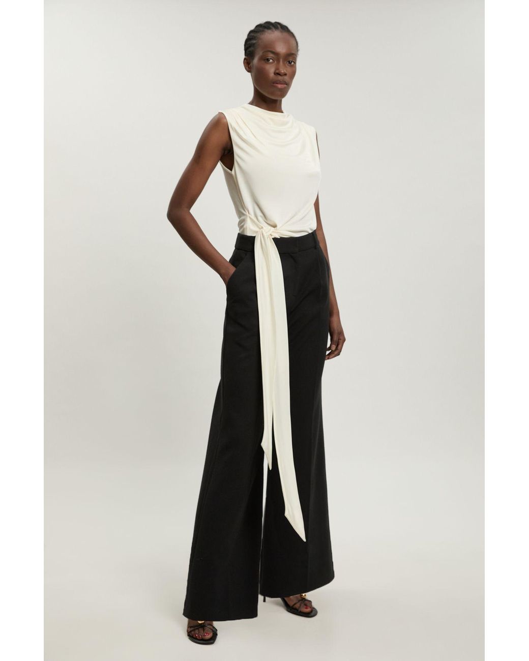 Karen Millen White Asymmetric Drape Viscose Crepe Neck Top With Tie Detail