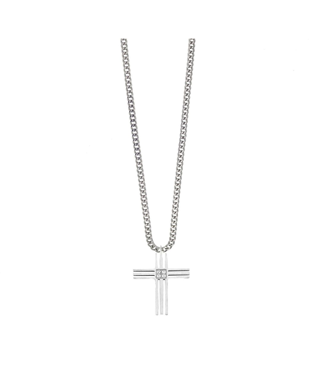 The Jewellery Stockroom Metallic Stainless Steel Grooved Cross Pendant With Cz Centre
