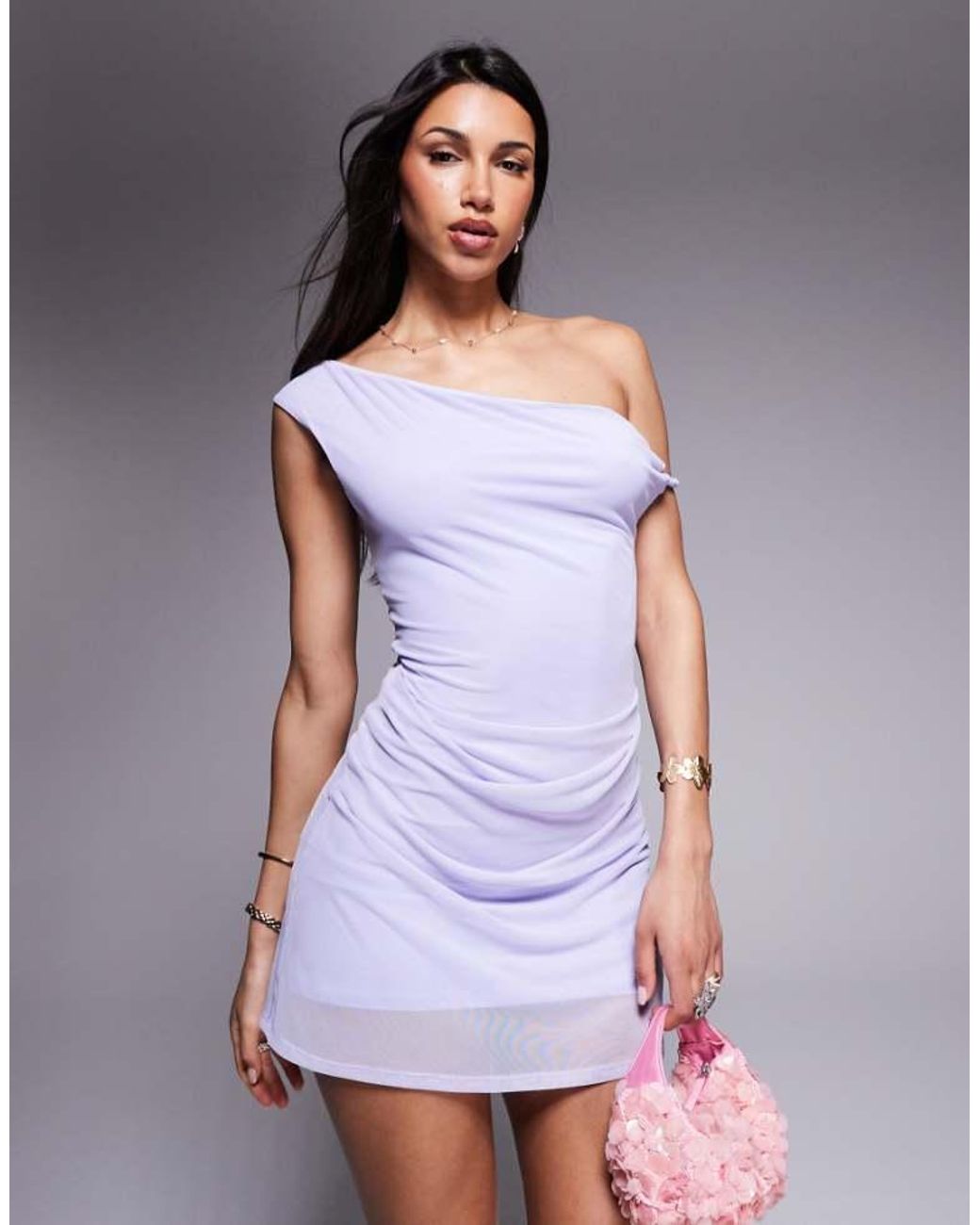 ASOS Purple Mesh Twisted Shoulder Mini Dress With Softline Skirt