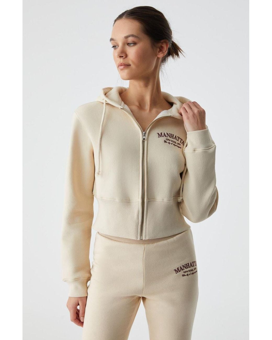 Grimelange Natural Crop Hooded Logo Zip Sweatshirt