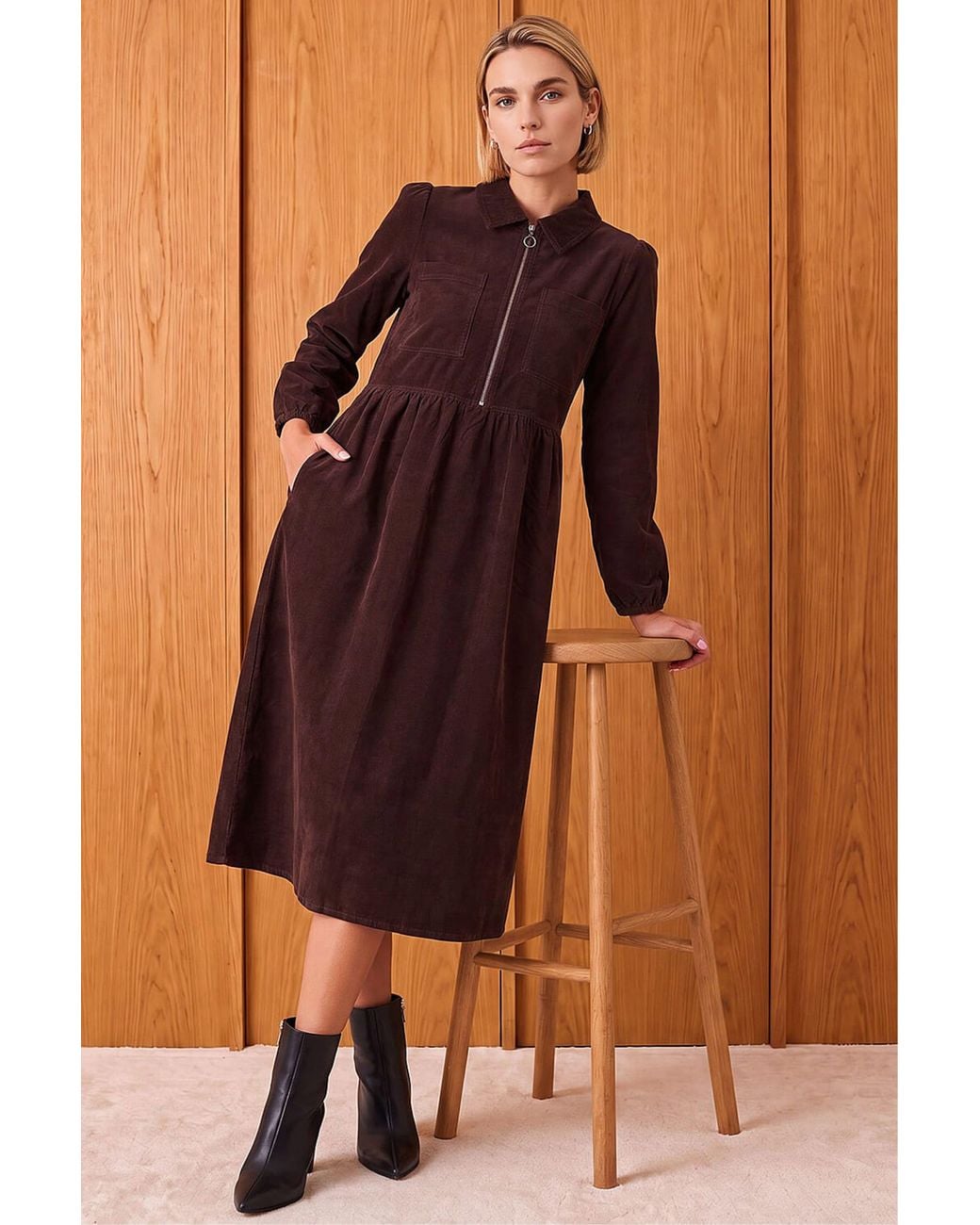 Roman Brown Corduroy Zip Detail Midi Dress