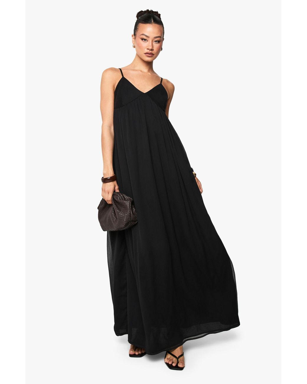 Boohoo Tall Chiffon Strappy Volume Maxi Dress in Black
